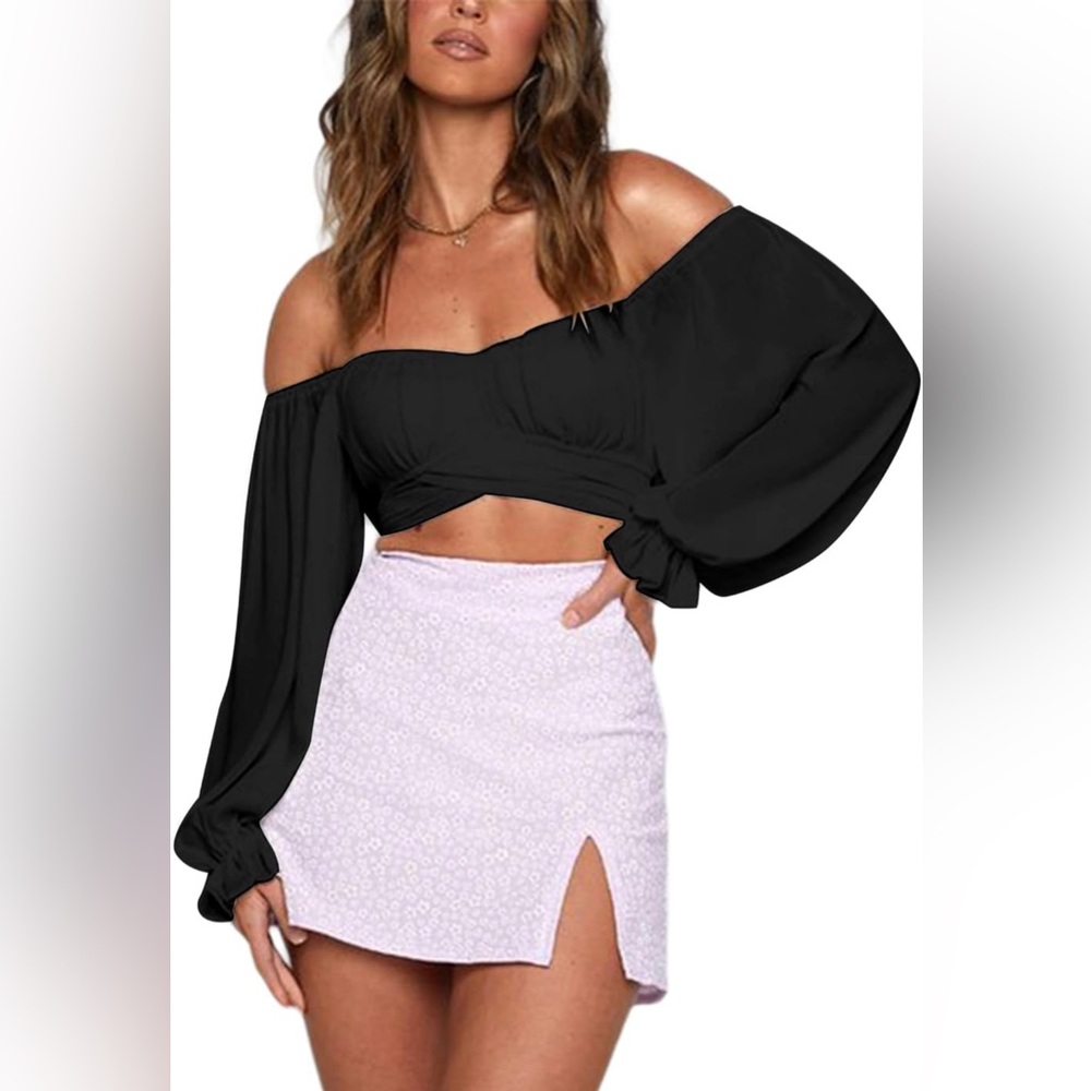 Long Sleeve Crop Top Blouse| XXL | Ruffled tie back style
